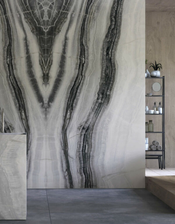 carrelage Savana 120x240 brillant intérieur blanc avec veines noires effet rivière en bookmatch