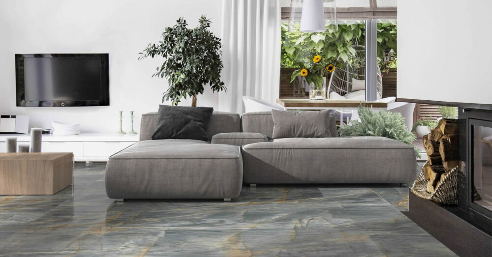 Carrelage Teos 60x120 bleu brillant intérieur avec veines beige clair