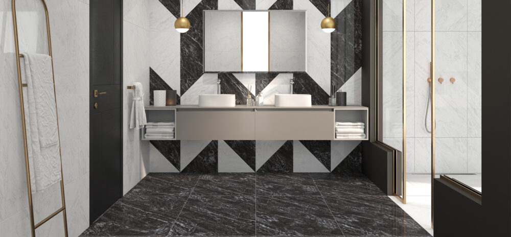 Carrelage Olimpo 60x120 noir brillant avec veines blanches en croix, adapté aux espaces intérieurs modernes.
