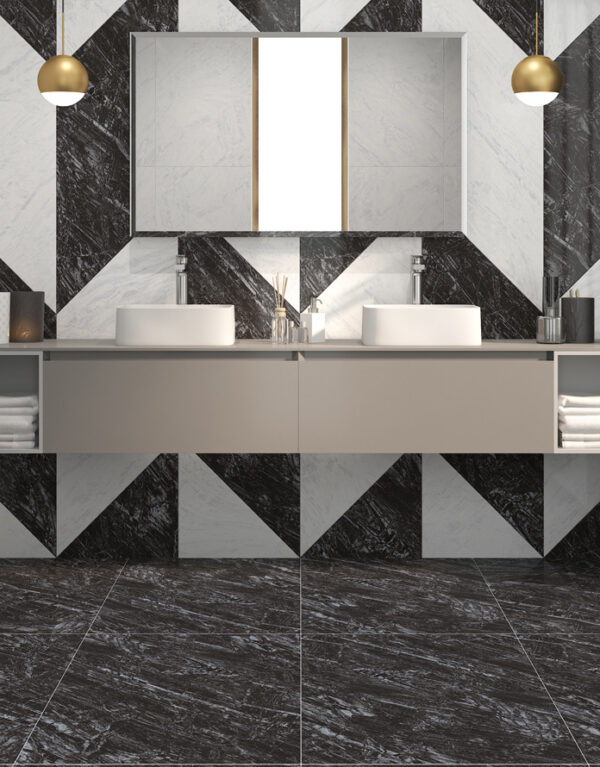 Carrelage Olimpo 60x120 noir brillant avec veines blanches en croix, adapté aux espaces intérieurs modernes.