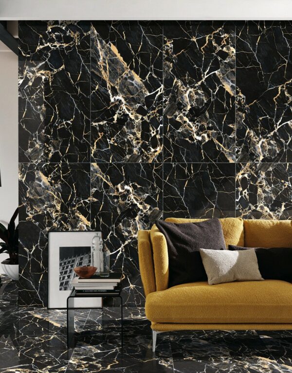 Carrelage Portoro 60x120 brillant effet marbre noir et doré