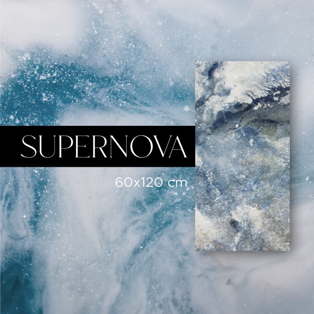 Carrelage Supernova Galaksi mat 60x120 aux motifs galactiques bleus et blancs.