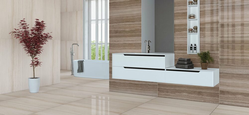 Carrelage intérieur blanc 60x120 brillant Serpegiante avec veines café horizontales